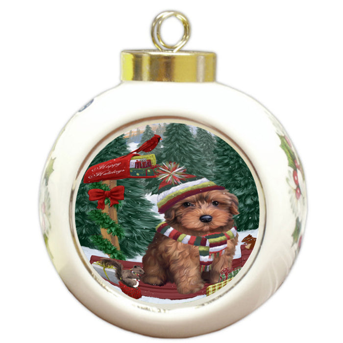 Merry Christmas Woodland Sled Yorkipoo Dog Round Ball Christmas Ornament RBPOR55435