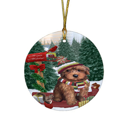 Merry Christmas Woodland Sled Yorkipoo Dog Round Flat Christmas Ornament RFPOR55435
