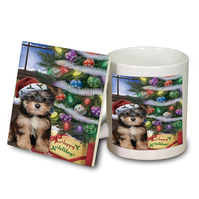 Christmas Happy Holidays Yorkipoo Dog with Tree and Presents Mug and Coaster Set MUC53477