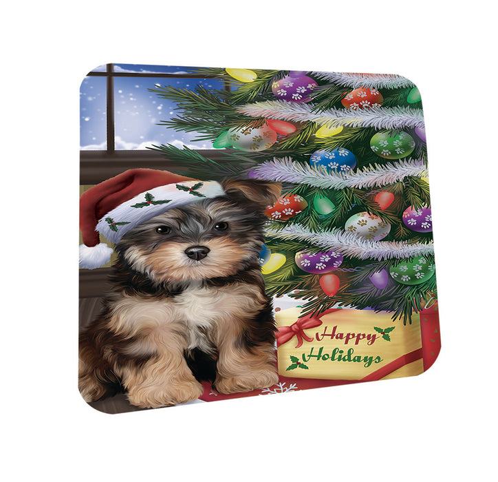 Christmas Happy Holidays Yorkipoo Dog with Tree and Presents Coasters Set of 4 CST53443