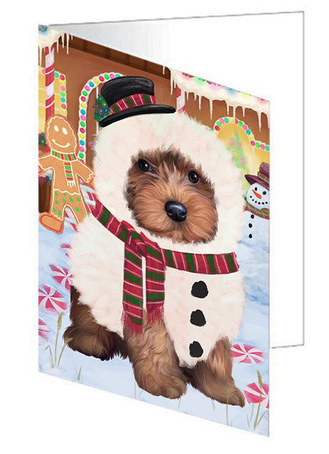 Christmas Gingerbread House Candyfest Yorkipoo Dog Handmade Artwork Assorted Pets Greeting Cards and Note Cards with Envelopes for All Occasions and Holiday Seasons GCD74336