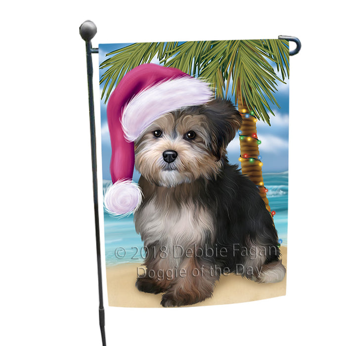 Summertime Happy Holidays Christmas Yorkipoo Dog on Tropical Island Beach Garden Flag GFLG54665