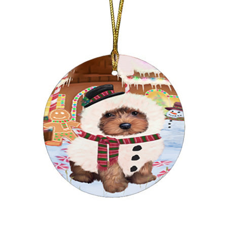 Christmas Gingerbread House Candyfest Yorkipoo Dog Round Flat Christmas Ornament RFPOR56963