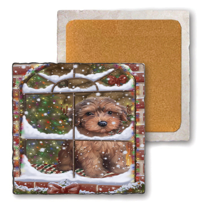 Please Come Home For Christmas Yorkipoo Dog Sitting In Window Set of 4 Natural Stone Marble Tile Coasters MCST48659