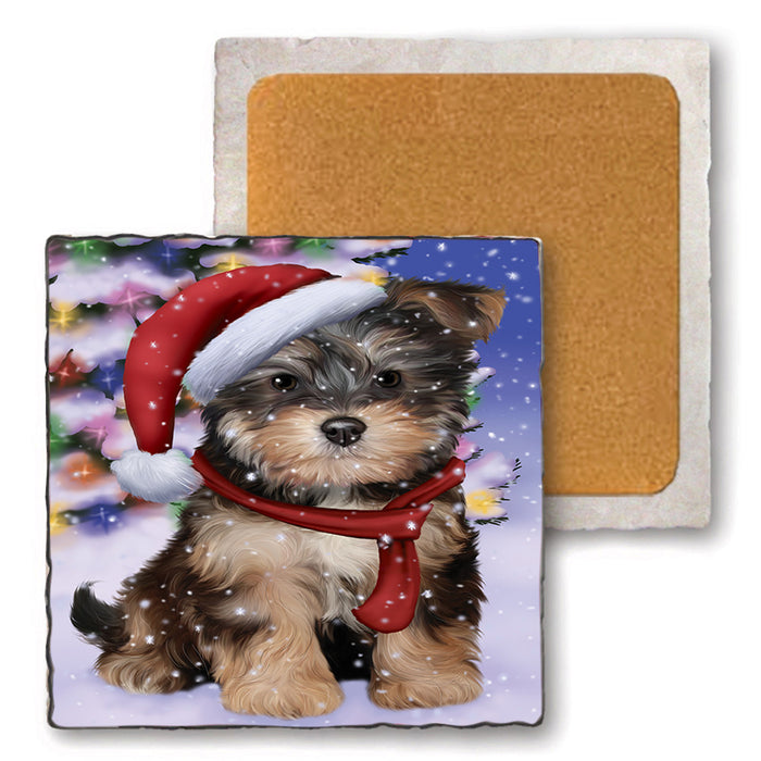 Winterland Wonderland Yorkipoo Dog In Christmas Holiday Scenic Background Set of 4 Natural Stone Marble Tile Coasters MCST48795