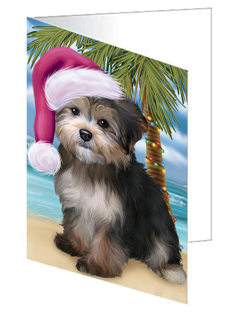 Summertime Happy Holidays Christmas Yorkipoo Dog on Tropical Island Beach Handmade Artwork Assorted Pets Greeting Cards and Note Cards with Envelopes for All Occasions and Holiday Seasons GCD67838