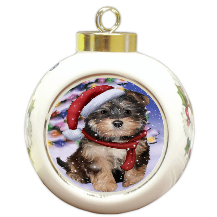 Winterland Wonderland Yorkipoo Dog In Christmas Holiday Scenic Background Round Ball Christmas Ornament RBPOR53795