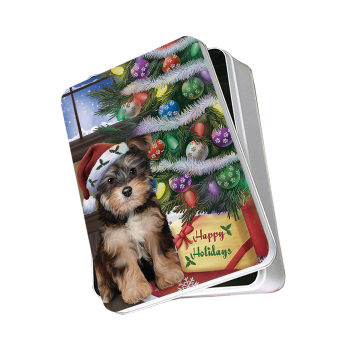 Christmas Happy Holidays Yorkipoo Dog with Tree and Presents Photo Storage Tin PITN53485