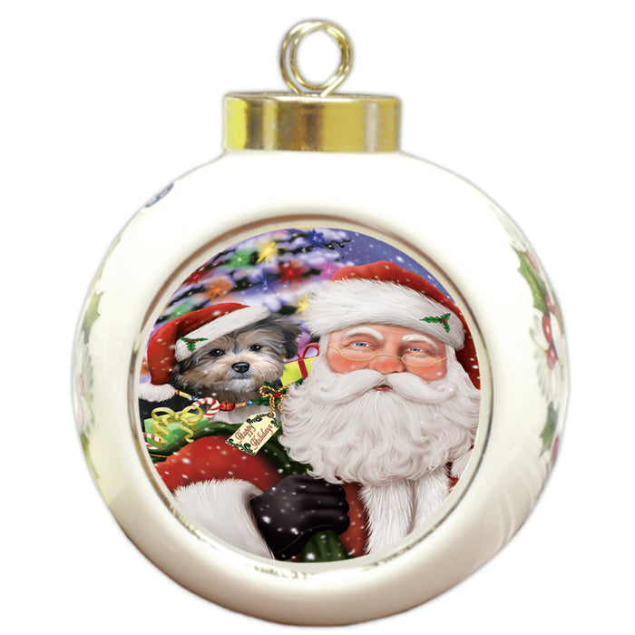 Santa Carrying Yorkipoo Dog and Christmas Presents Round Ball Christmas Ornament RBPOR53716