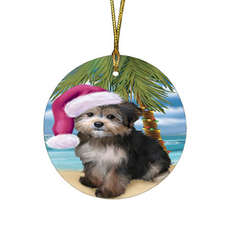 Summertime Happy Holidays Christmas Yorkipoo Dog on Tropical Island Beach Round Flat Christmas Ornament RFPOR54594