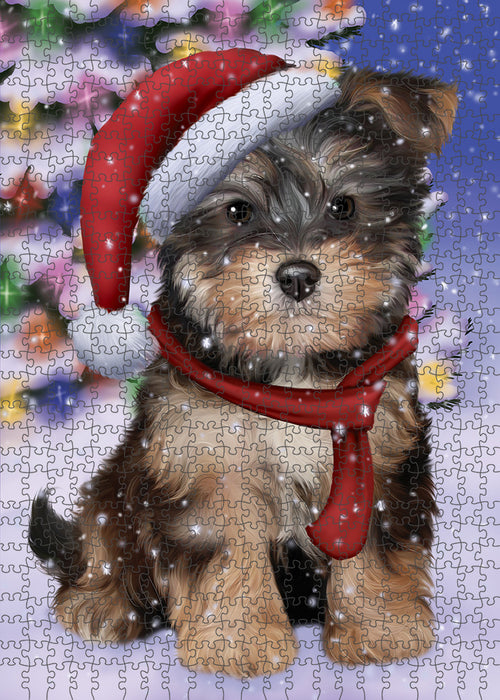 Winterland Wonderland Yorkipoo Dog In Christmas Holiday Scenic Background Puzzle with Photo Tin PUZL82336