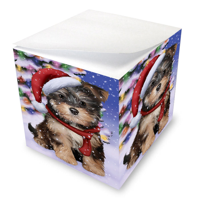Winterland Wonderland Yorkipoo Dog In Christmas Holiday Scenic Background Note Cube NOC55441