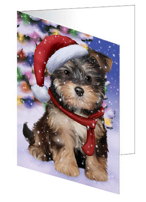 Winterland Wonderland Yorkipoo Dog In Christmas Holiday Scenic Background Handmade Artwork Assorted Pets Greeting Cards and Note Cards with Envelopes for All Occasions and Holiday Seasons GCD65414