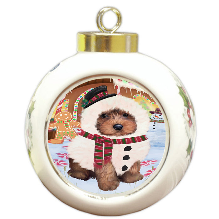 Christmas Gingerbread House Candyfest Yorkipoo Dog Round Ball Christmas Ornament RBPOR56963