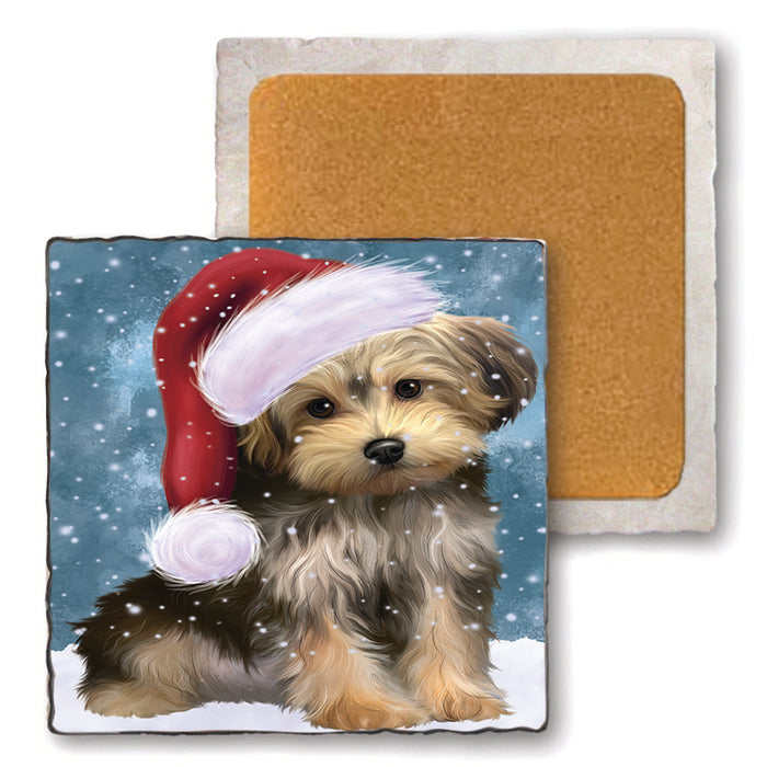 Let it Snow Christmas Holiday Yorkipoo Dog Wearing Santa Hat Set of 4 Natural Stone Marble Tile Coasters MCST49341