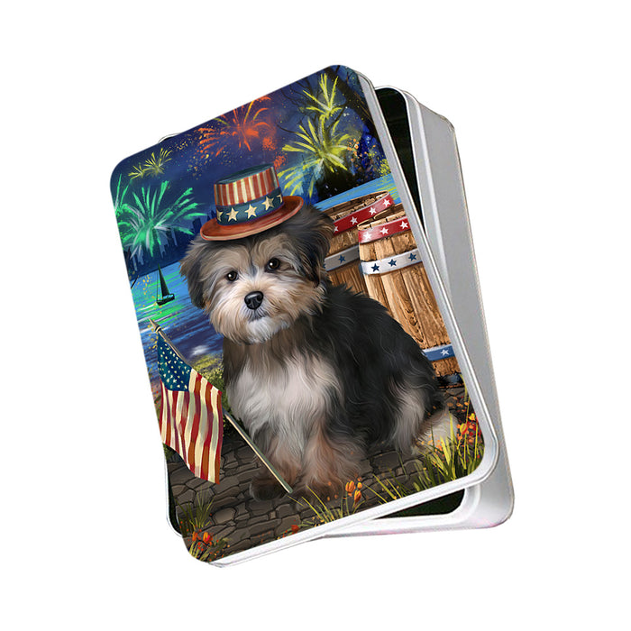 4th of July Independence Day Fireworks Yorkipoo Dog at the Lake Photo Storage Tin PITN51266