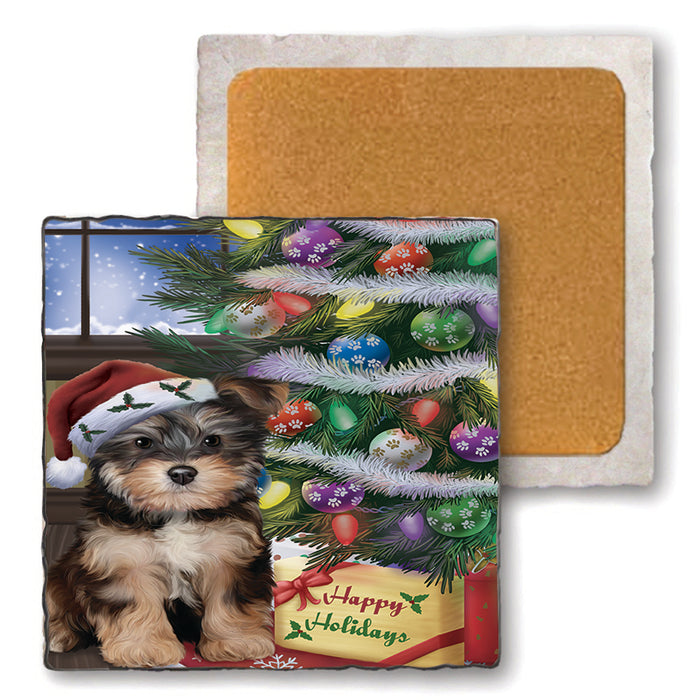 Christmas Happy Holidays Yorkipoo Dog with Tree and Presents Set of 4 Natural Stone Marble Tile Coasters MCST48485