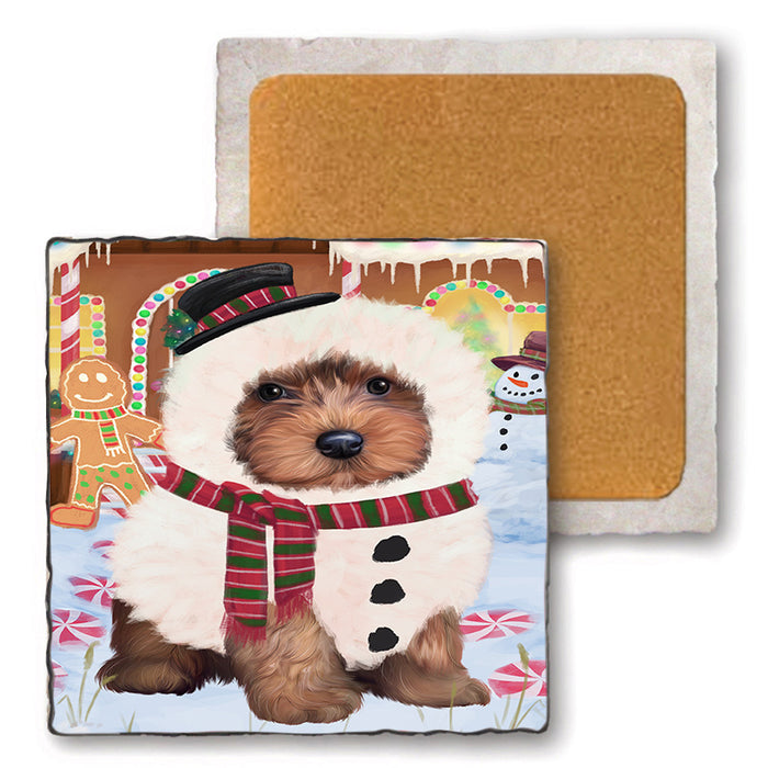 Christmas Gingerbread House Candyfest Yorkipoo Dog Set of 4 Natural Stone Marble Tile Coasters MCST51607
