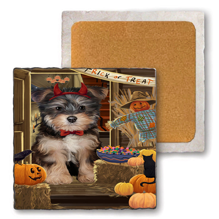 Enter at Own Risk Trick or Treat Halloween Yorkipoo Dog Set of 4 Natural Stone Marble Tile Coasters MCST48352