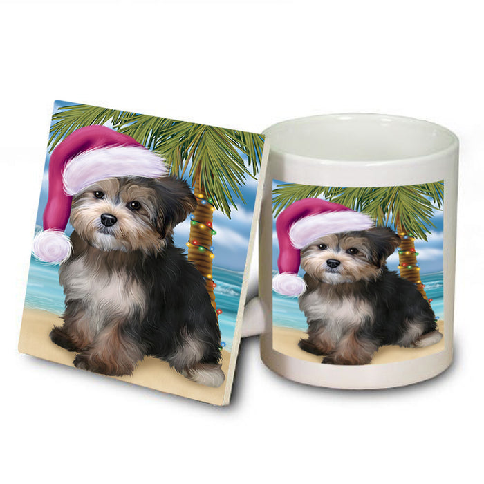 Summertime Happy Holidays Christmas Yorkipoo Dog on Tropical Island Beach Mug and Coaster Set MUC54467