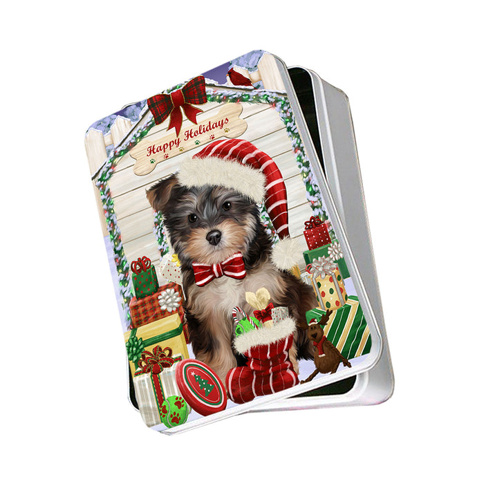 Happy Holidays Christmas Yorkipoo Dog House With Presents Photo Storage Tin PITN51539