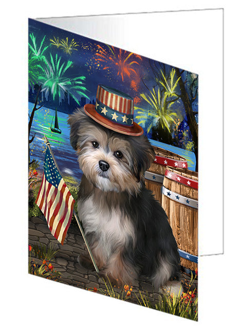 4th of July Independence Day Fireworks Yorkipoo Dog at the Lake Handmade Artwork Assorted Pets Greeting Cards and Note Cards with Envelopes for All Occasions and Holiday Seasons GCD57827