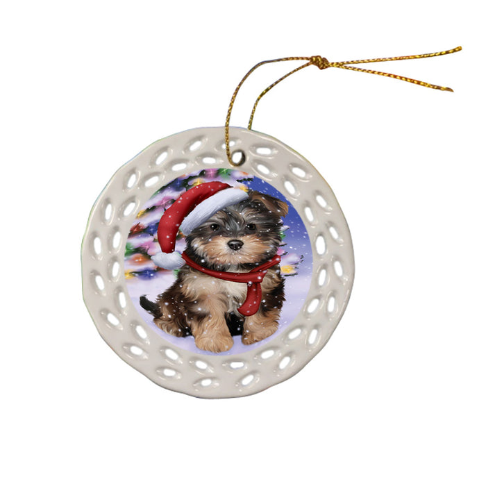 Winterland Wonderland Yorkipoo Dog In Christmas Holiday Scenic Background Ceramic Doily Ornament DPOR53795