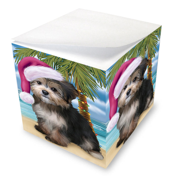 Summertime Happy Holidays Christmas Yorkipoo Dog on Tropical Island Beach Note Cube NOC56121