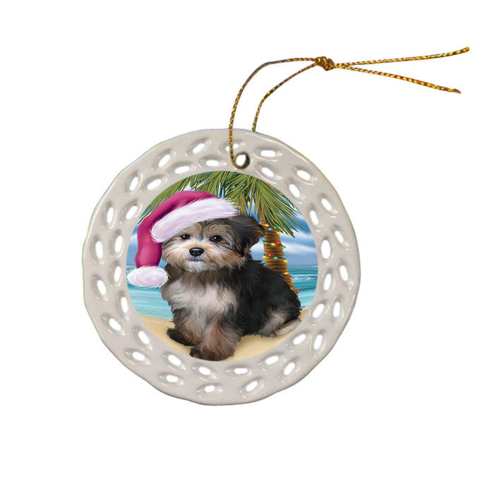 Summertime Happy Holidays Christmas Yorkipoo Dog on Tropical Island Beach Ceramic Doily Ornament DPOR54603