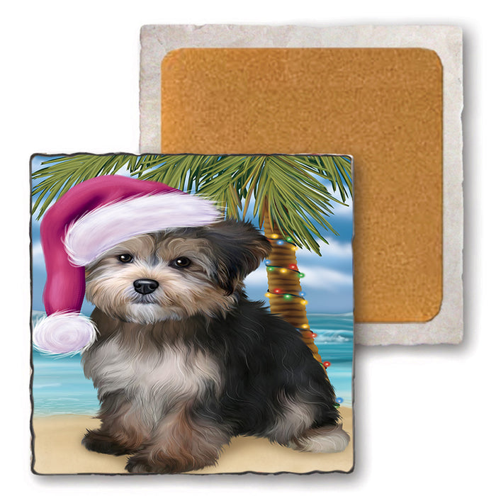 Summertime Happy Holidays Christmas Yorkipoo Dog on Tropical Island Beach Set of 4 Natural Stone Marble Tile Coasters MCST49475