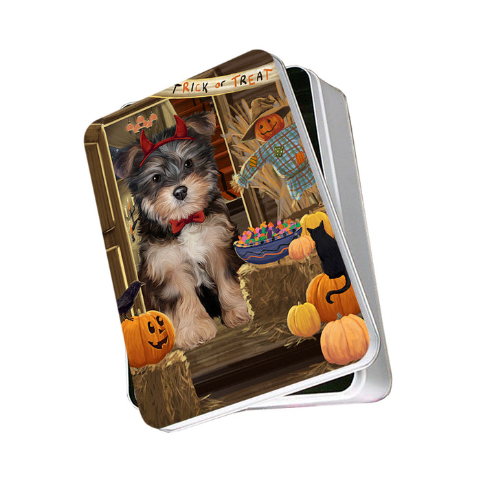 Enter at Own Risk Trick or Treat Halloween Yorkipoo Dog Photo Storage Tin PITN53352