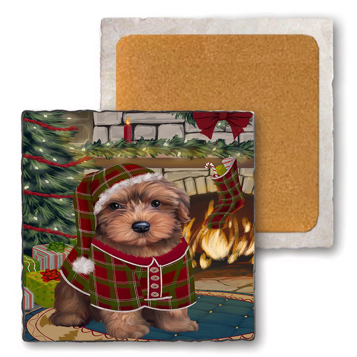 The Stocking was Hung Yorkipoo Dog Set of 4 Natural Stone Marble Tile Coasters MCST50669
