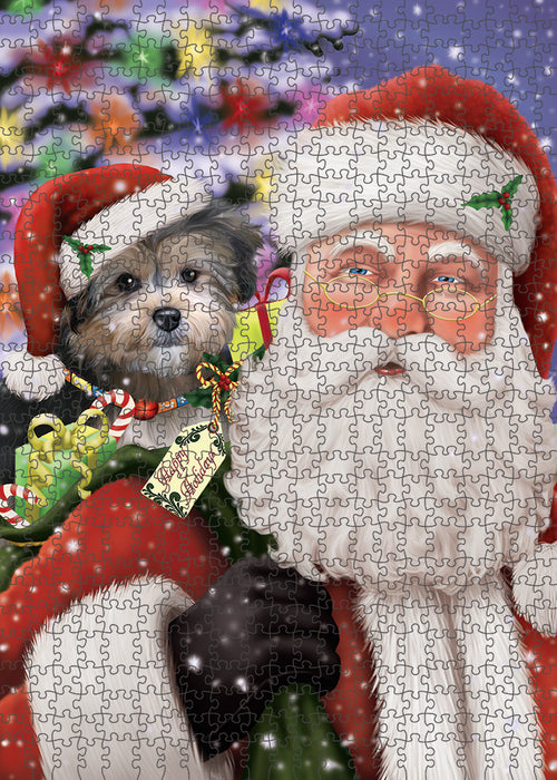 Santa Carrying Yorkipoo Dog and Christmas Presents Puzzle with Photo Tin PUZL82020