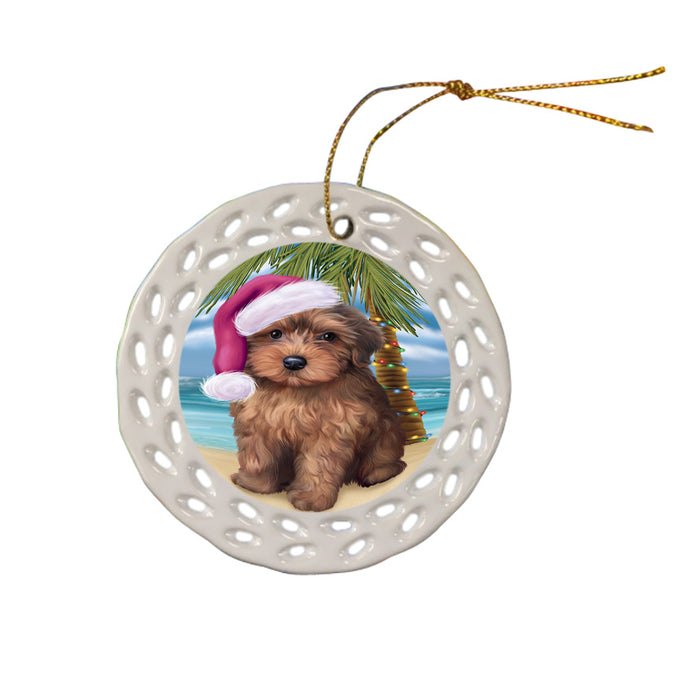 Summertime Happy Holidays Christmas Yorkipoo Dog on Tropical Island Beach Ceramic Doily Ornament DPOR54604