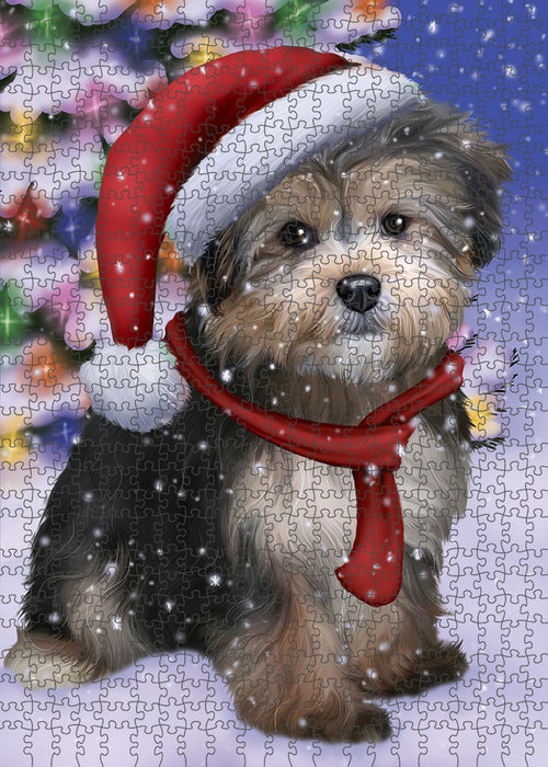 Winterland Wonderland Yorkipoo Dog In Christmas Holiday Scenic Background Puzzle with Photo Tin PUZL82340