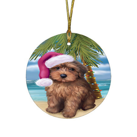 Summertime Happy Holidays Christmas Yorkipoo Dog on Tropical Island Beach Round Flat Christmas Ornament RFPOR54595