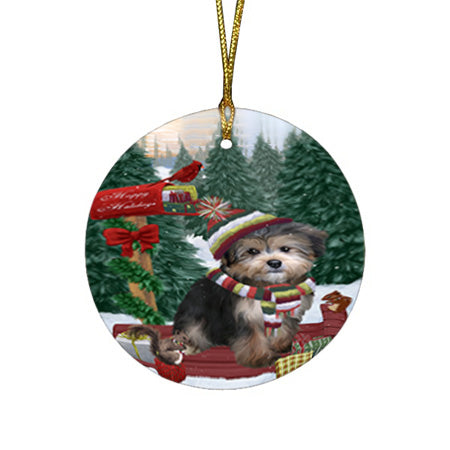 Merry Christmas Woodland Sled Yorkipoo Dog Round Flat Christmas Ornament RFPOR55436