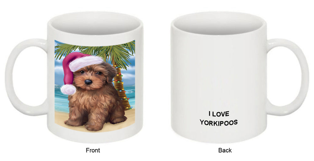 Summertime Happy Holidays Christmas Yorkipoo Dog on Tropical Island Beach Coffee Mug MUG49874