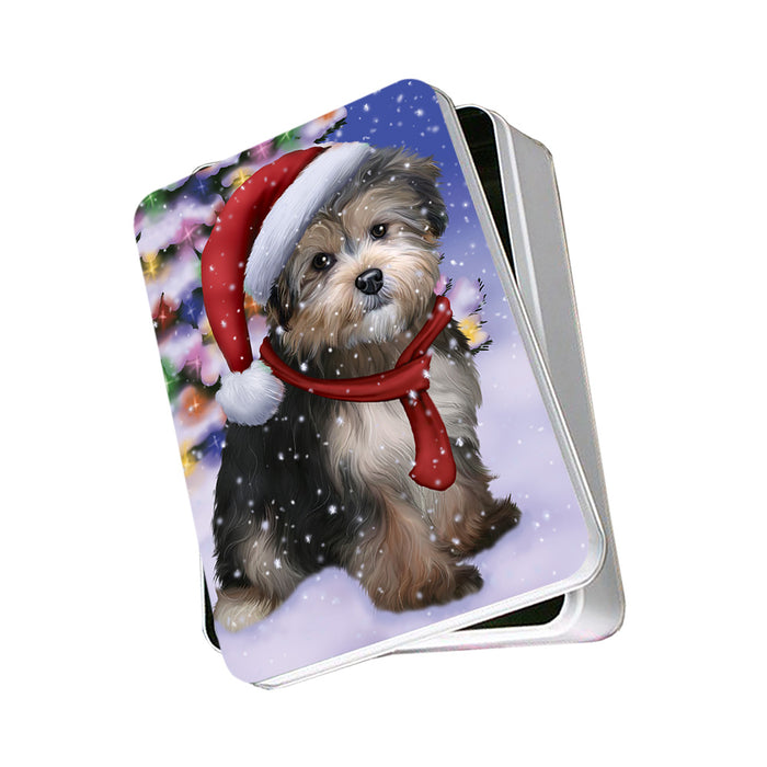 Winterland Wonderland Yorkipoo Dog In Christmas Holiday Scenic Background Photo Storage Tin PITN53739