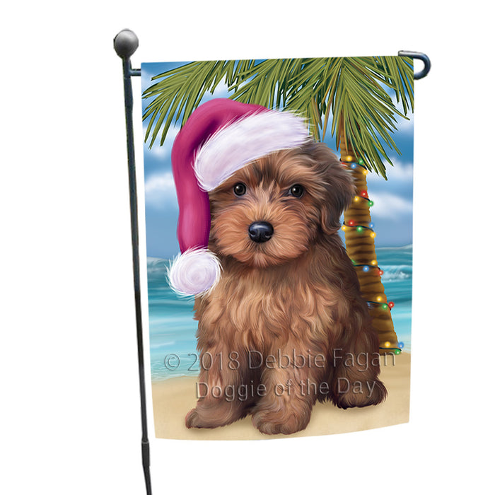 Summertime Happy Holidays Christmas Yorkipoo Dog on Tropical Island Beach Garden Flag GFLG54666