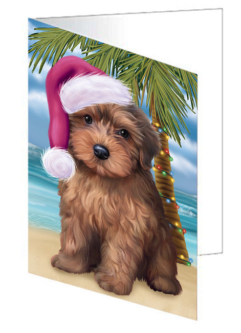 Summertime Happy Holidays Christmas Yorkipoo Dog on Tropical Island Beach Handmade Artwork Assorted Pets Greeting Cards and Note Cards with Envelopes for All Occasions and Holiday Seasons GCD67841