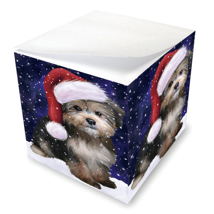 Let it Snow Christmas Holiday Yorkipoo Dog Wearing Santa Hat Note Cube NOC55988