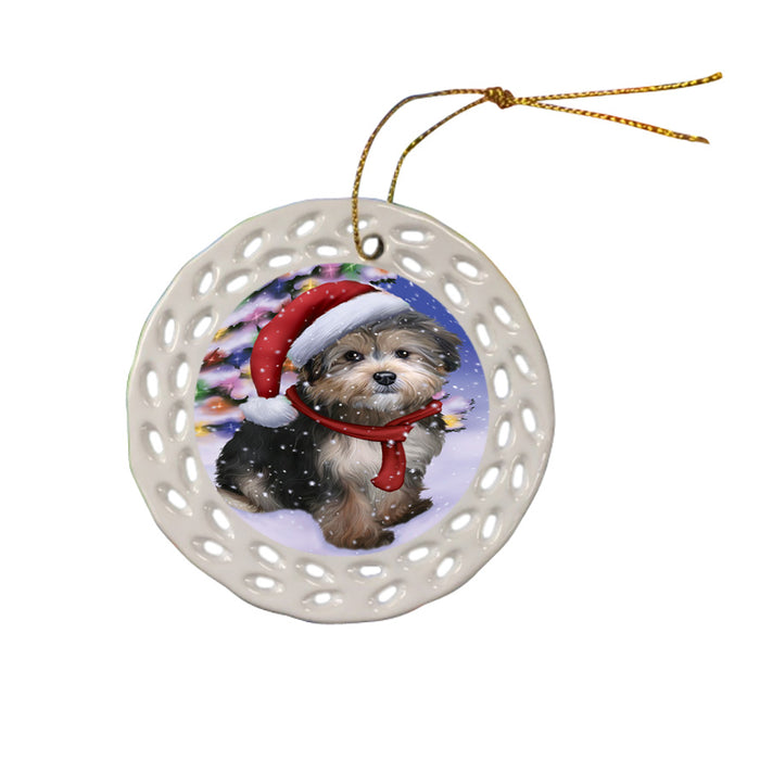 Winterland Wonderland Yorkipoo Dog In Christmas Holiday Scenic Background Ceramic Doily Ornament DPOR53796
