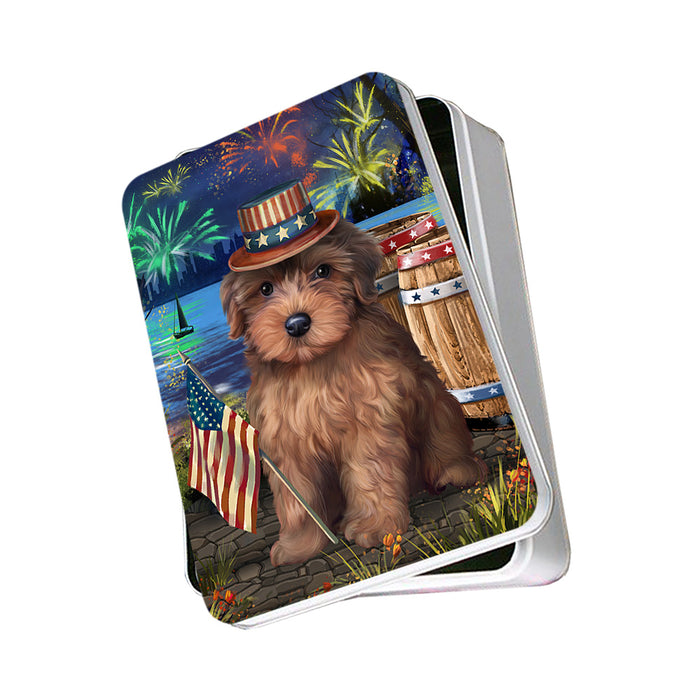 4th of July Independence Day Fireworks Yorkipoo Dog at the Lake Photo Storage Tin PITN51267