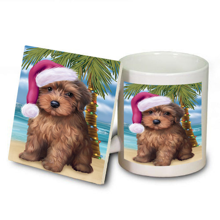 Summertime Happy Holidays Christmas Yorkipoo Dog on Tropical Island Beach Mug and Coaster Set MUC54468