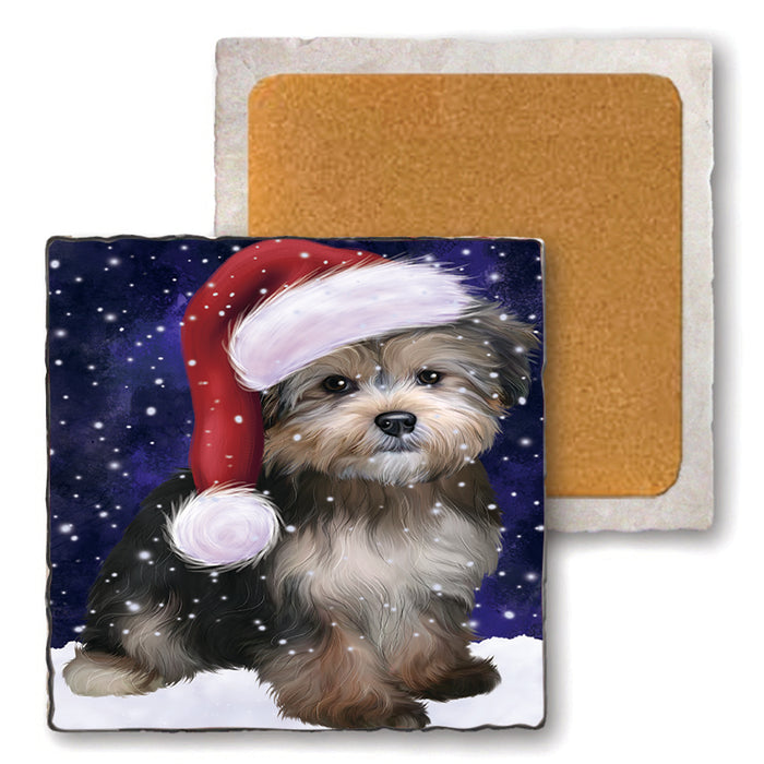 Let it Snow Christmas Holiday Yorkipoo Dog Wearing Santa Hat Set of 4 Natural Stone Marble Tile Coasters MCST49342