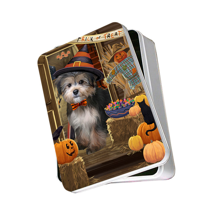 Enter at Own Risk Trick or Treat Halloween Yorkipoo Dog Photo Storage Tin PITN53353