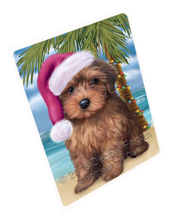 Summertime Happy Holidays Christmas Yorkipoo Dog on Tropical Island Beach Large Refrigerator / Dishwasher Magnet RMAG88506