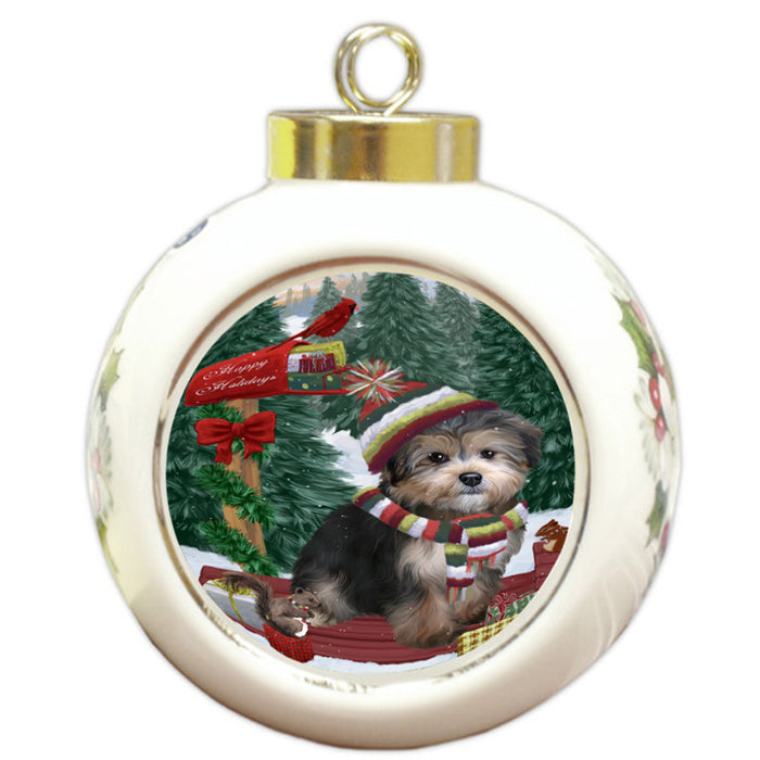 Merry Christmas Woodland Sled Yorkipoo Dog Round Ball Christmas Ornament RBPOR55436