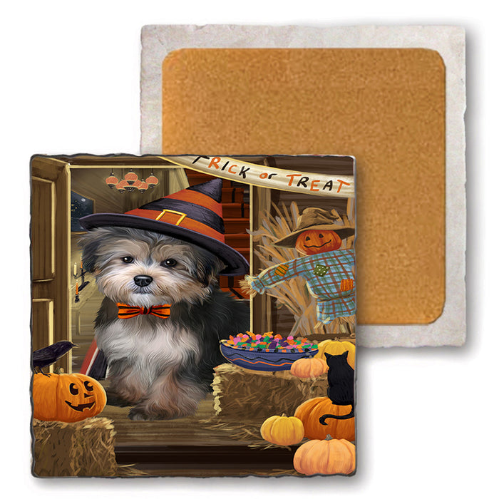 Enter at Own Risk Trick or Treat Halloween Yorkipoo Dog Set of 4 Natural Stone Marble Tile Coasters MCST48353